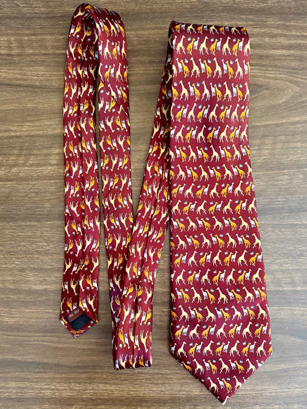 Museum Artifacts Giraffe Print Silk Tie Burgundy Animal Safari Wide 4” 60”
